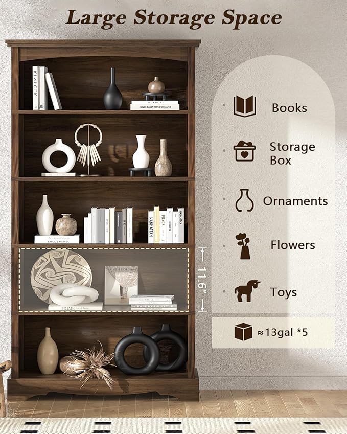 TVU 5-Tier Wooden Bookshelf, 65 Inch Tall Bookshelf with Storage, Floor Standing Modern Style Display Bookcase for Living Room, Office, Study Room, Entryway, Brown