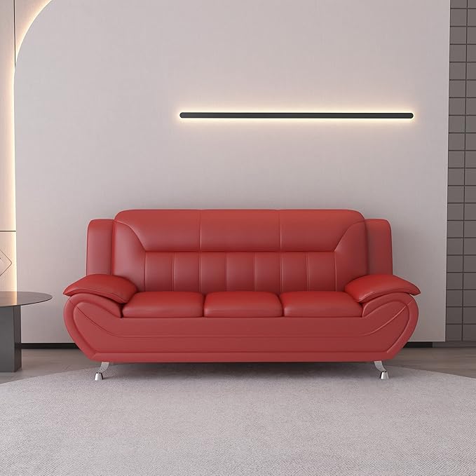 Container Furniture Direct Michael Modern Faux Leather Upholstered Stainless Steel Legs Living Room Sofa, Loveseat, Persian Red