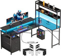 L Shaped Gaming Desk with Shelves,Reversible Computer Gaming Desk with LED Lights and Charging Station,Home Office Corner Desk with Monitor Stand,Black