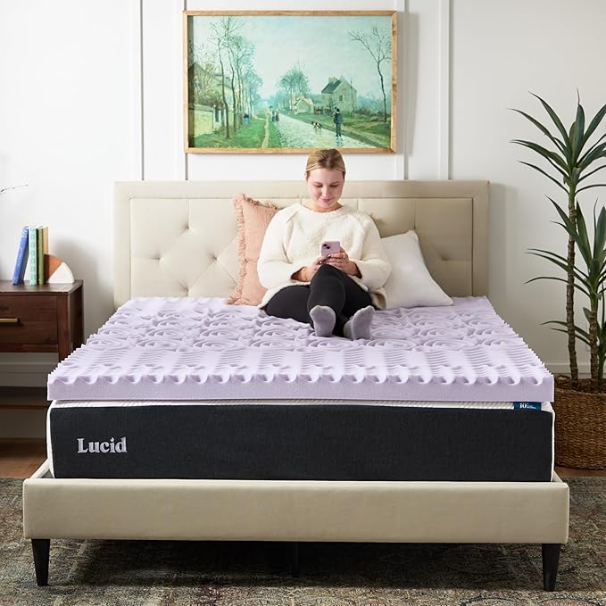 Lucid Lavender Infused 3 Inch Memory Foam Mattress Topper - Full XL Size - Plush Feel - 5 Convoluted Zones - CertiPUR Certified - New Home Owner & Dorm Room Essentials