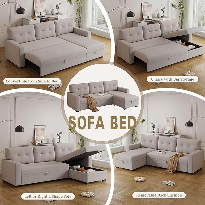 Ball & Cast Convertible Sectional Sleeper Sofa Bed L Shaped 4 in 1 Pull Out Couch with Reversible Storage Chaise & Removable Back Cushions,Sleeper Corner Pull Out Sofa Bed Couch for Living Room,Office