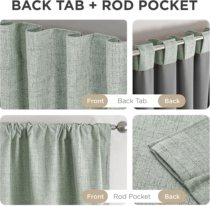 Joydeco 100% Blackout Curtains for Bedroom - Natural Linen Curtains 70" W x 108" L Long, Thermal Insulated 1 Panels Sage Green Light Blocking Drapes, Rod Pocket & Back Tabs for Living Room