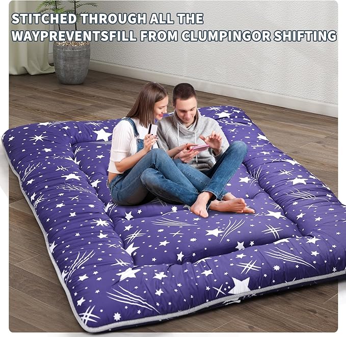 Japanese Floor Mattress,4" Thicken Japanese Floor Sleeping Pad Foldable,Futon Mattress Suitable for Camping and Guest Room (Blue, Twin (80" x 36"))