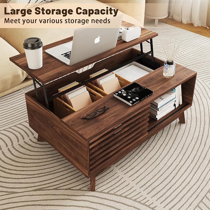 HAIOOU Lift Top Coffee Table, Mid Century Modern Coffee Table with Storage for Living Room, Walnut Coffee Tables with Sliding Fence Door, 35.4'' Rectangular Fluted Center Table (Brown)