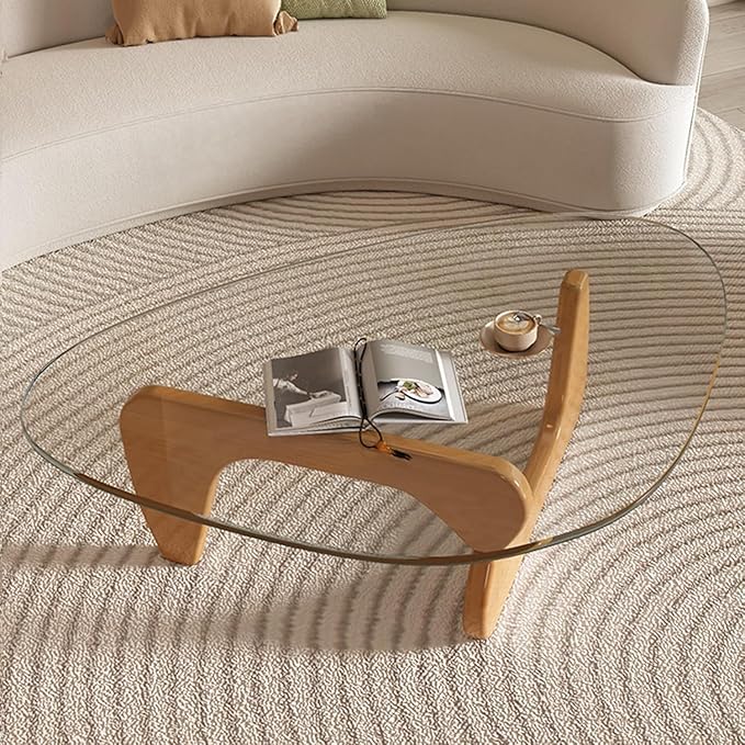 Modern Glass Coffee Table for Living Room, Mid Century Coffee Tables, Suitable for Bedroom Living Room Reception Office Tables（Wood/Transparent，Large）
