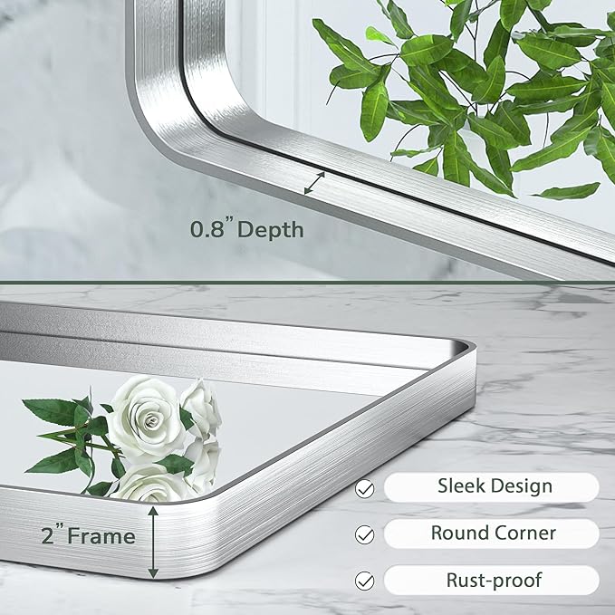 TokeShimi 60 x 40 Inch Wall Mirror for Bathroom Brushed Silver Metal Frame Decorative Rectangular Wall Mounted Home Decor Corner Hangs Farmhouse Mirror (Horizontal/Vertical)
