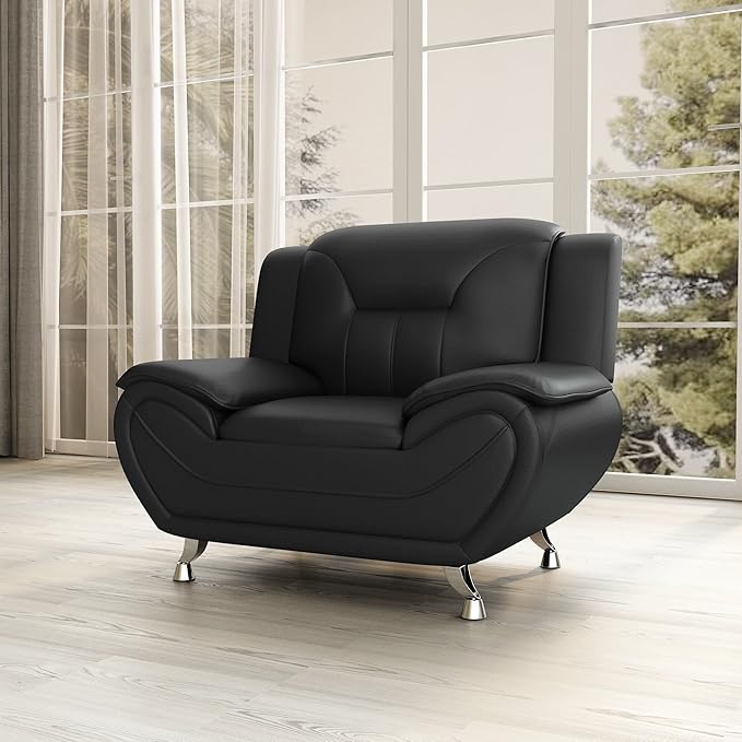 Container Furniture Direct Michael Modern Faux Leather Upholstered Stainless Steel Legs Living Room, Chair, Midnight Black