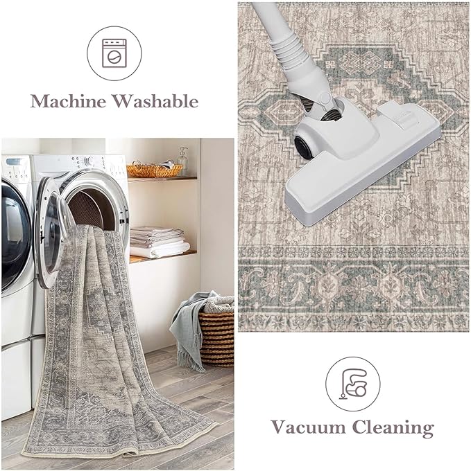 Lahome Oriental Washable Rug Runner, 2x8 Ultra-Thin Hallway Runner Rug with Rubber Backing, Distressed Non Skid Long Carpet for Kitchen Entryway Laundry Room, Grey/Brown