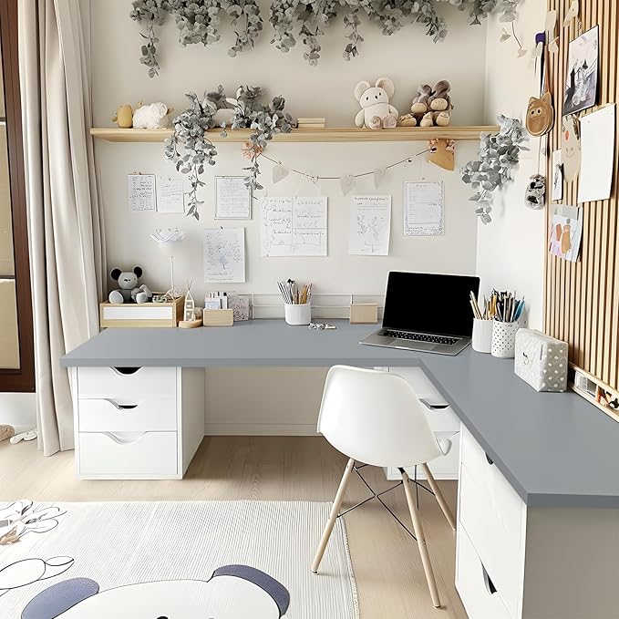 Kaboon Grey Table Top 23.62" D x 55" W, Solid One-Piece Desktop, Universal Wood Countertop, Reversible Laminate Top, Double Desks, L-Desk DIY, for Home and Commercial