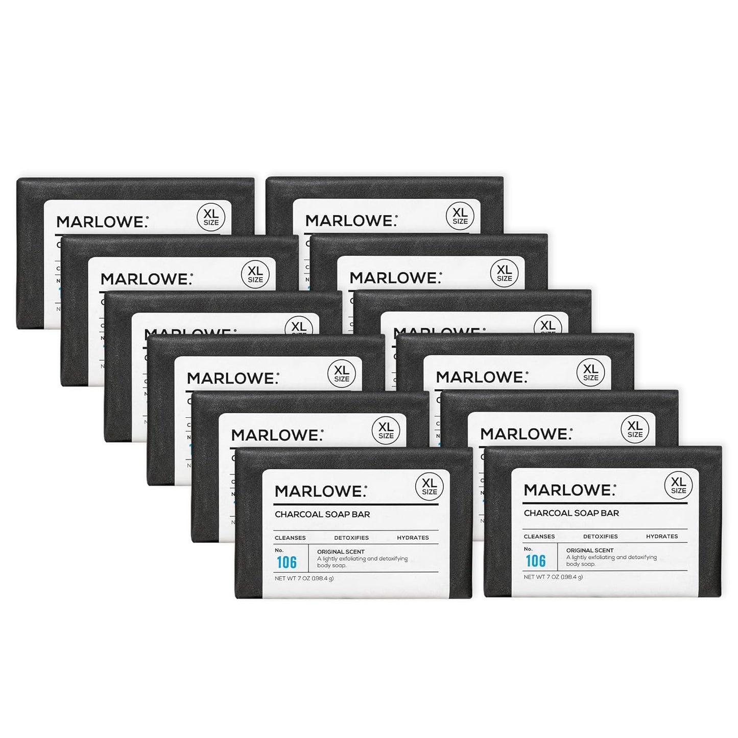 MARLOWE. No. 106 Charcoal Soap 7 oz (12 Bars) Body Bar Soap for Men, Cleansing, Purifying & Hydrating with Natural Extracts, Shea Butter, Olive Oil & Green Tea Extracts, Fresh Woodsy Scent