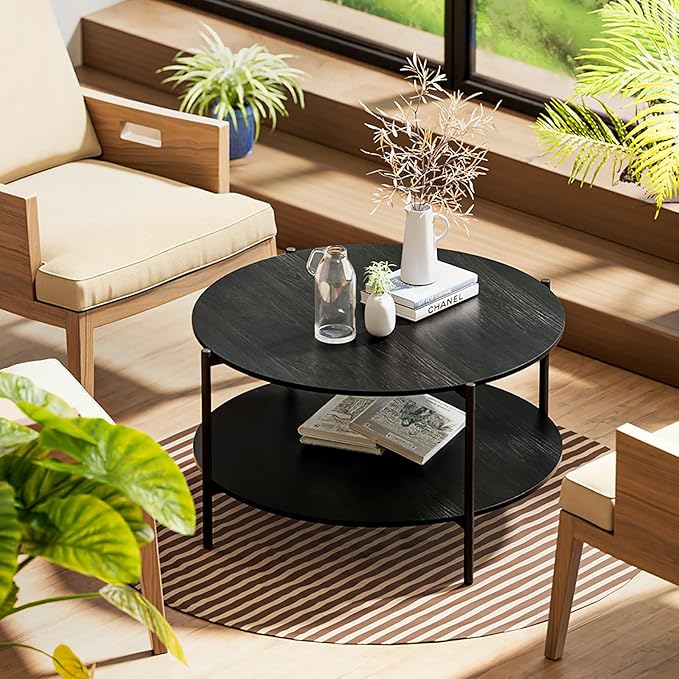 Round Coffee Table, 2-Tier 32.9" Circle Coffee Tables with Storage Wood Rustic Farmhouse Center Circular Coffee Table for Living Room Bedroom Balcony Office - Black