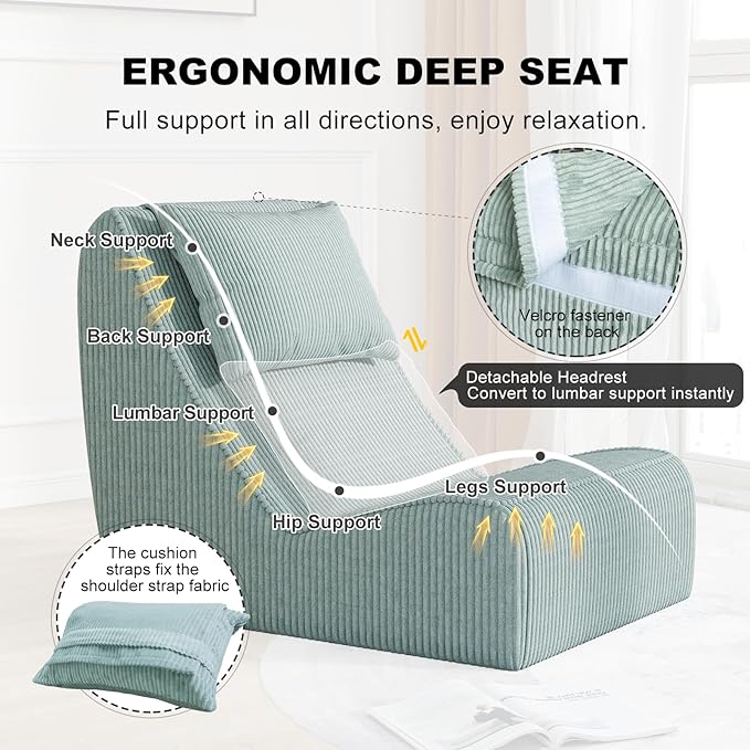 Giant Bean Bag Chair for Adults,Corduroy Chaise Lounge with Unrivaled Back Support, Detachable Neck Pillow, Comfortable Ottoman & Washable Cover for Living Room, Bedroom, Garden(Mint Green)