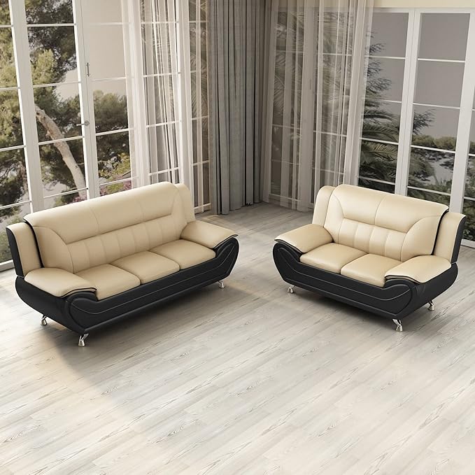Container Furniture Direct Michael Modern Faux Leather Upholstered Stainless Steel Legs Living Room Sofa, Loveseat, Black Camel