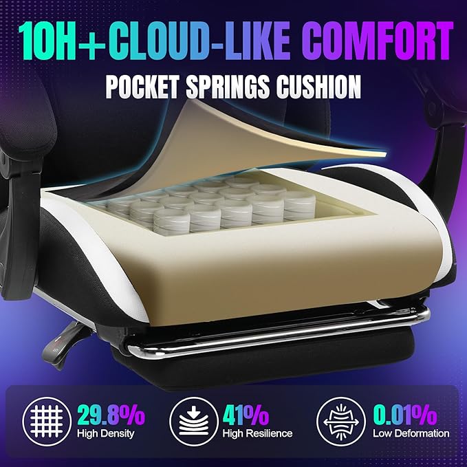 GTRACING Gaming Chair with Foot Rest & Racing Style RGB LED Lights, Breathable Fabric for Home Office Desk, Ergonomic High Back Computer Chair with Headrest & Lumbar Support, RGB Black