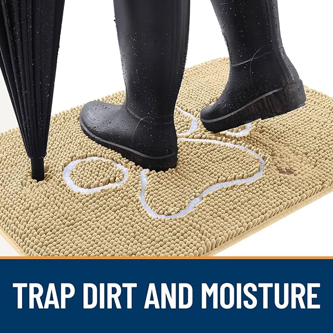 OLANLY Door Mat for Muddy Dog Paws 36x24, Ultra Absorbent Chenille Mud Doormat with Paw Print Design, Non-Slip Washable Doormat for Indoor Entryway, Quick-Dry Pet Bed Mats for Dirty Dogs, Beige