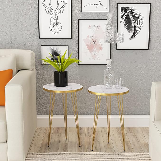 PAK HOME - Set of 2 End Table - High Gloss White Marble Look with Gold Metal Legs Round Wood Sofa Side Coffee Tables for Small Spaces, Nightstand Bedside Table for Bedroom, Living Room