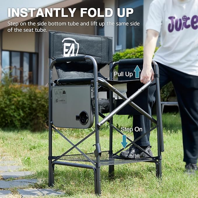 EVER ADVANCED Tall Folding Chair 30.7" Seat Height Directors Chair High Foldable Bar Stool for Makeup Artist Face Painting with Side Table Cup Holder and Storage Pocket Supports 350LBS (Blue/Grey)