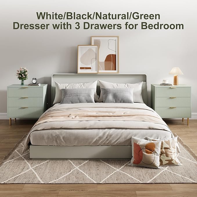 Green Dresser, Modern 3 Drawer Dresser for Bedroom with Gold Handle and Large Drawer, Wood Double Chest of Drawers and Storage Organizer for Living Room, Hallway, Entryway