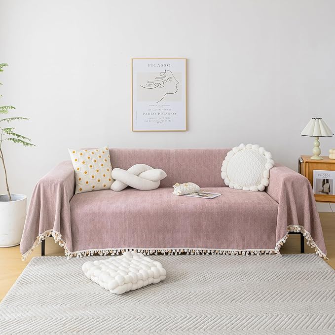 HANDONTIME Soild Couch Covers for Dogs Pink-Purple Sofa Covers Boho Cover for Sofa 3 Seats Chenille Sofa Throw Cover Mauve Sofa Covers for 3 Cushion Couch Tassel,Washable, Pet Friendly, 71" X134"