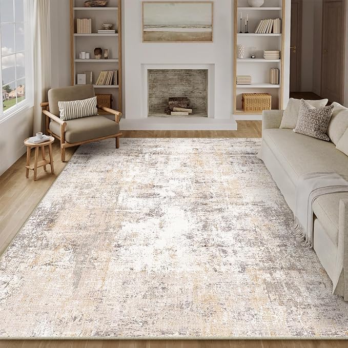 12x15 Washable Area Rug Beige Grey Neutral Abstract Living Room Bedroom Large Throw Rug Non Slip Soft Low Pile Indoor Floor Carpet for Dining Room Kitchen Office Entryway