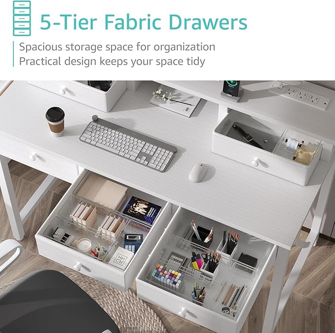 Lufeiya White Computer Desk with Fabric Drawers for Home Office, 40 inch Vanity Makeup Desk with Drawers Storage for Bedroom, Writing Study Table with Power Outlet & Monitor Stand, White