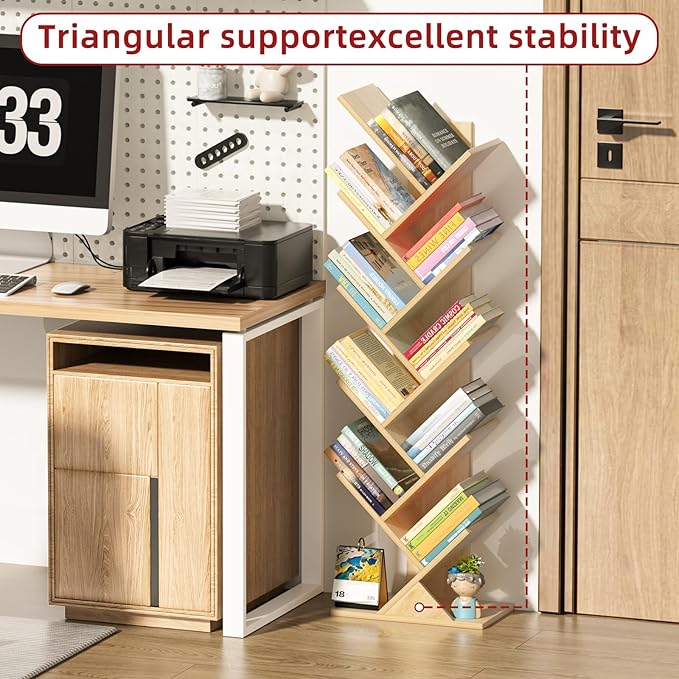 10 Tier Tree Book Shelf, Floor Standing Wood Bookshelf for Narrow Space, Storage Organizer Bookshelves for Books/CDs/Magazine, Bookcase with Shelves for Home Office, Living Room - Natural