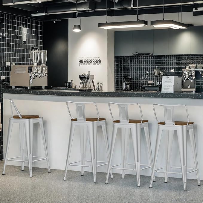 24 Inch Swivel Bar Stools Set of 4, Counter Height Bar Stools with Low Back, Metal Industrial Bar Chairs for Kitchen Island (Silver)