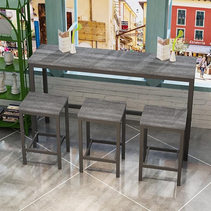 KEIKI 60.24” Long Bar High Top Dining Table and 3 Stools Chairs Set, Wood Behind Couch Sofa Counter Height Pub Furniture for Breakfast, Kitchen Living Party Room, Grey