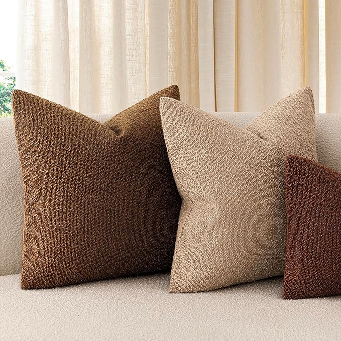 Foindtower Pack of 2 Textured Boucle Throw Pillow Covers Accent Solid Pillow Cases Cozy Soft Decorative Couch Cushion Case for Chair Sofa Bedroom Living Room Home Decor 18x18 Inch Hazel Brown