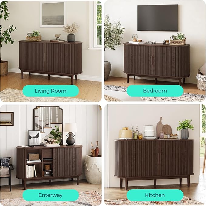 LINSY HOME Sideboard Buffet Cabinet with Storage, 55" Fluted Coffee Bar Cabinet with Tambour Sliding Doors and Drawer, Mid Century Modern Wood Storage Buffet Table for Kitchen, Vintage Walnut