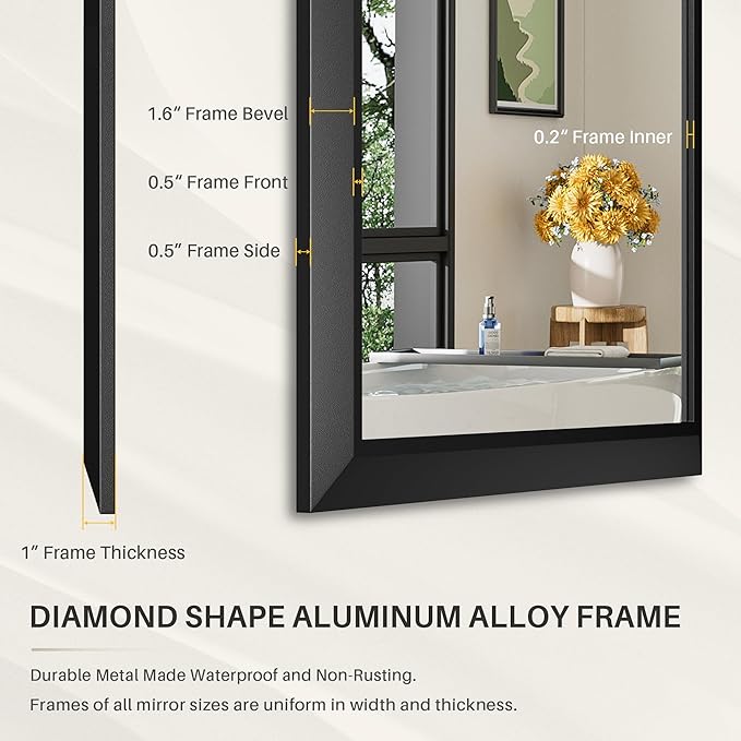 20x30 Inch Black Bathroom Mirror for Wall, Thick Metal Framed Rectangle Mirrors for Over Sink, Bedroom, Living Room, Entryway, Anti-Rust, HD Tempered Glass