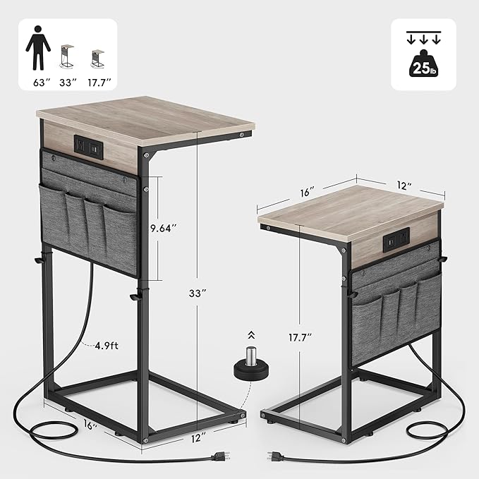 Vagusicc C Shaped End Table with Charging Station, 33" Tall Side Table for Couch, C Table Adjustable Height Small Couch Side Table, Slide Under Sofa Table TV Tray Arm Table for Living Room, Greige