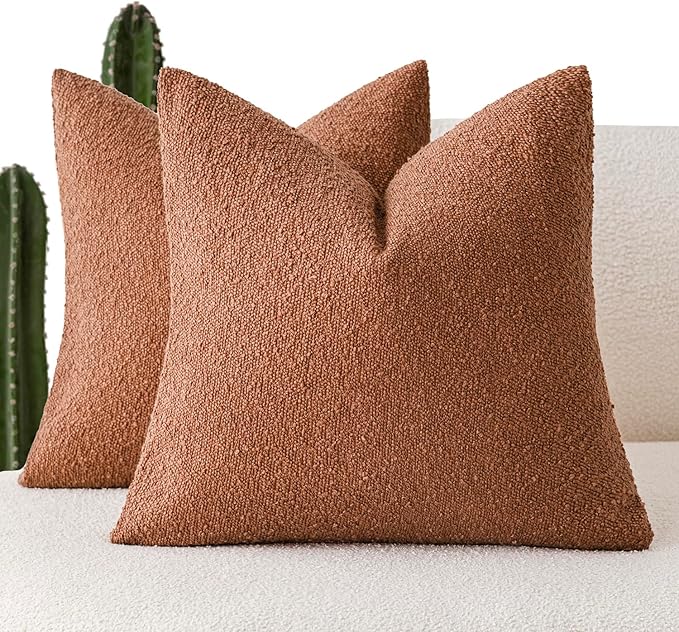 Foindtower Pack of 2 Textured Boucle Throw Pillow Covers Accent Solid Pillow Cases Decorative Cozy Soft Couch Cushion Case for Chair Sofa Bedroom Living Room Home Decor 20x20 Inch Burnt Orange Hazel