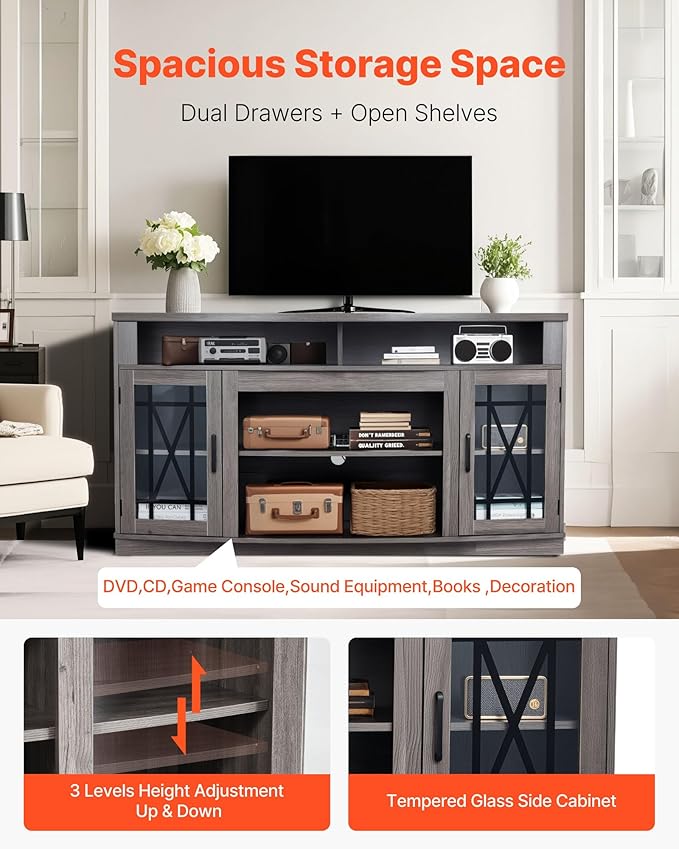 VEVOR TV Stand for TVs up to 65 inch, Farmhouse Entertainment Center with Light Strip, Wooden TV Cabinet Storage with Glass Doors and Adjustable Shelves, Console Table for Living Room, Bedroom, Gray