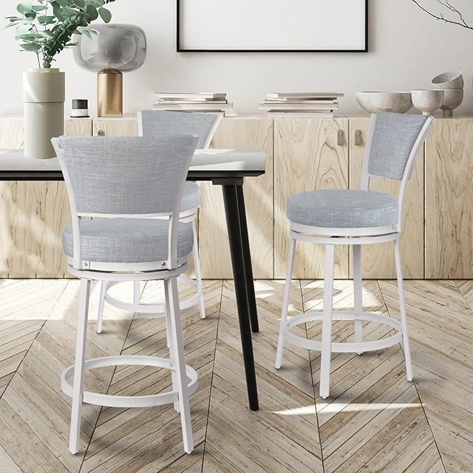 Bar Stools, Counter Height Barstools Set of 2, 25" Linen Fabric Metal Round Swivel Bar Chairs with Back, Modern Upholstered Counter Stools for Kitchen Island, Grey & White