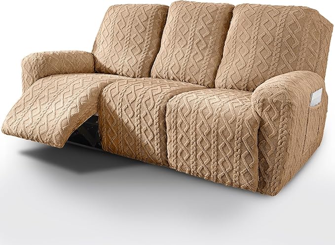vctops 8 Pieces Geometric Jacquard Plush Recliner Sofa Covers Soft Fuzzy Fluffy 3 Seats Couch Cover Anti-Slip Sofa Slipcover Furniture Protector with Elastic Bottom for Kids Pet(Brown,3 Seat)