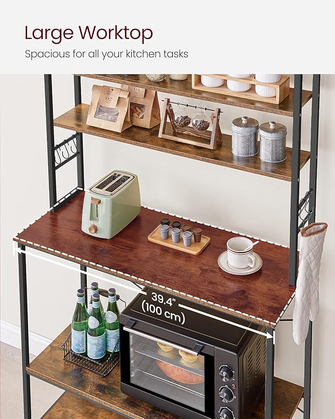 VASAGLE Coffee Bar, 39.4 Inches Baker's Rack for Kitchen with Storage, 6-Tier Kitchen Shelves with 6 Hooks, Microwave Stand, Industrial, Rustic Brown and Black UKKS039K01