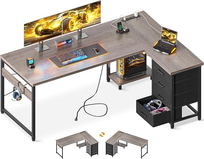 AODK L Shaped Desk with 4 Tier Drawers, 61" Reversible Gaming Desk with Power Outlets, L Shaped Computer Desk with USB Charging Port and Host Stand, Home Office Corner Desk, Easy to Assemble, Grey Oak