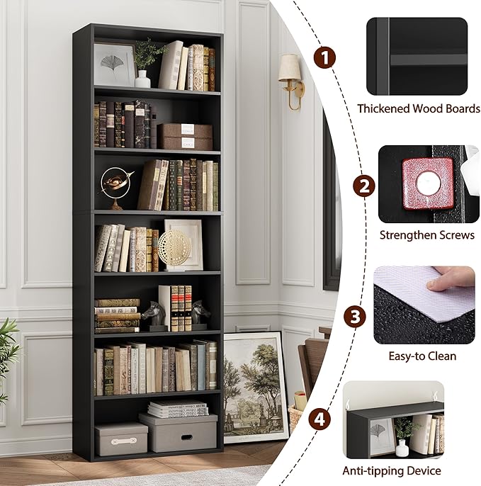 82" Tall Bookshelf, 7-Tier Open Shelves Bookcase, Freestanding Display Storage Shelves, Tall Bookcase Home Decor Furniture for Home Office, Living Room, Bedroom, Black