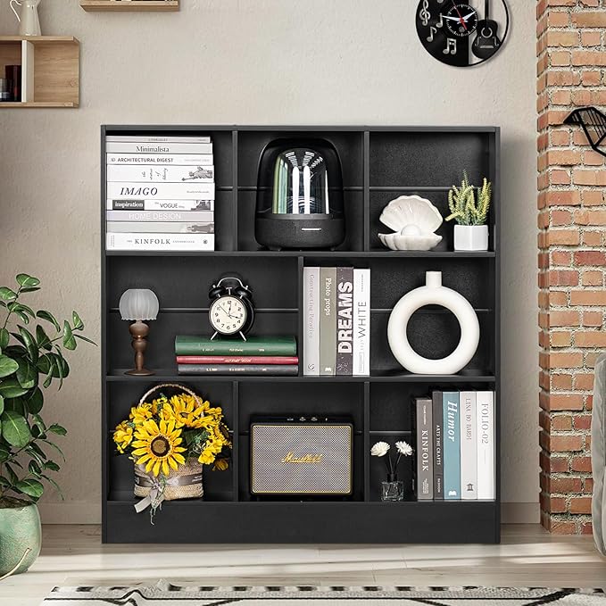 YAHARBO White 3 Tier Bookshelf,Wide Modern Horizontal Bookcase,Wood Low Book Shelf,Wide Display Storage Cabinet with Base,Floor Standing 8 Cube Large Bookcases Organizer for Bedroom,Living Room,Office
