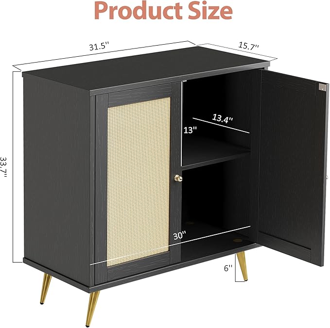 Shintenchi Rattan Buffet Cabinet with Storage, Sideboard Buffet Cabinet with Rattan Decor Doors, Modern Wood Cupboard for Kitchen Living Room Dining Room Hallway Entry,Black
