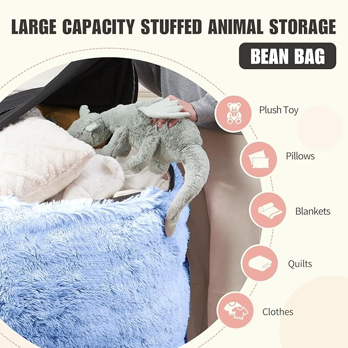 Large Bean Bag Covers Only, Fluffy Stuffed Beanbag Chair Covers No Filler, Washable Bean Bags Cover for Adults, Stuffed Animal Bean Bag Anti-Slip, 7FT, Blue