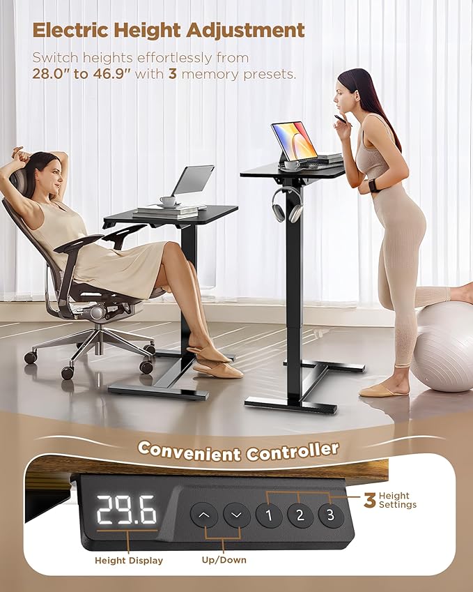Electric Adjustable Height Standing Desk - Small Sit Stand Portable Rolling Laptop Table with Hidden Wheels, Small Computer Workstation for Bedside & Home Office Use (28"x16", Black)