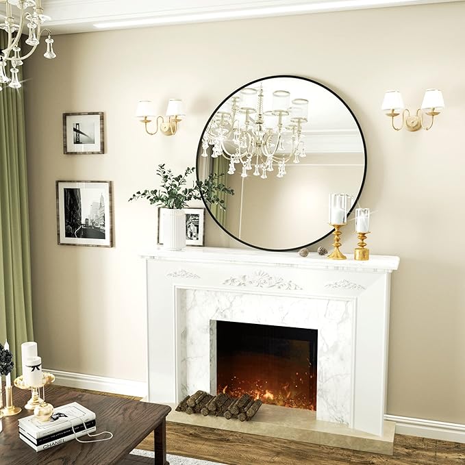 Round Mirror 23.6" Black Wall Mounted Circle Mirrors Vanity Mirror with Aluminum Alloy Frame Modern Decoration for Bathroom, Living Room, Vanity, Bedroom, Entryway