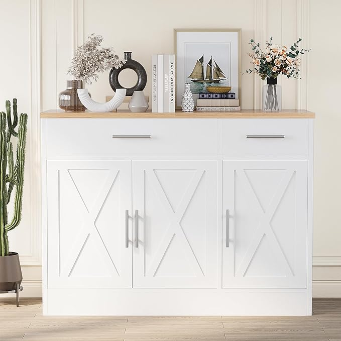 Shintenchi Modern Farmhouse Sideboard Buffet Cabinet with Storage with 3 Doors,42" Barn Doors Buffet Cabinet with Storage, Wood Coffee Bar Cabinet with Adjustable Shelf for Kitchen Living Room,White