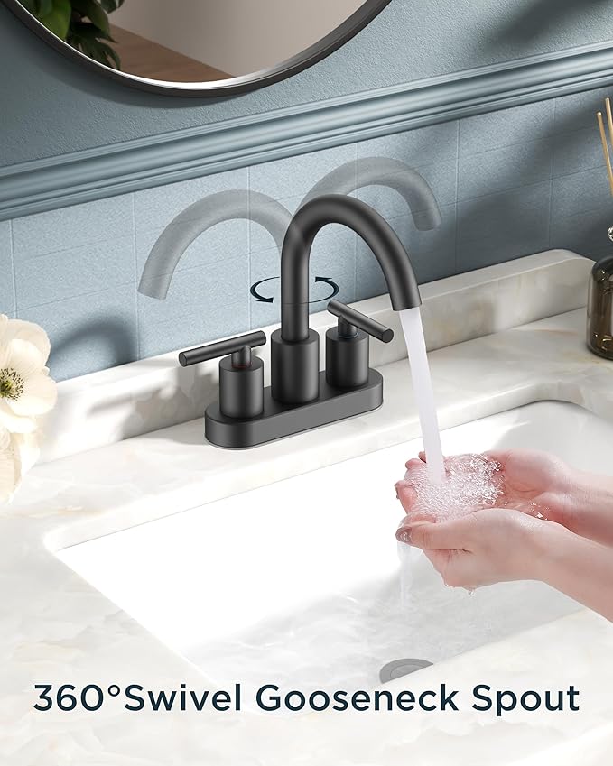 FORIOUS 4 Inch Centerset Bathroom Faucet Black 2 Hole, Two Handle Matte Black 4 Inch Faucet for Bathroom Sink Centerset with Metal Dain, Supply Line, and 360° Rotating Spout Rv Basin Tap