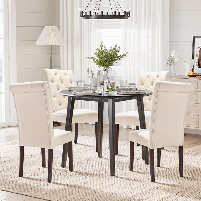 COLAMY Tufted Dining Chairs Set of 4, Accent Parsons Diner Chair Upholstered Fabric Stylish Kitchen Chairs with Solid Wood Legs and Padded Seat, Beige