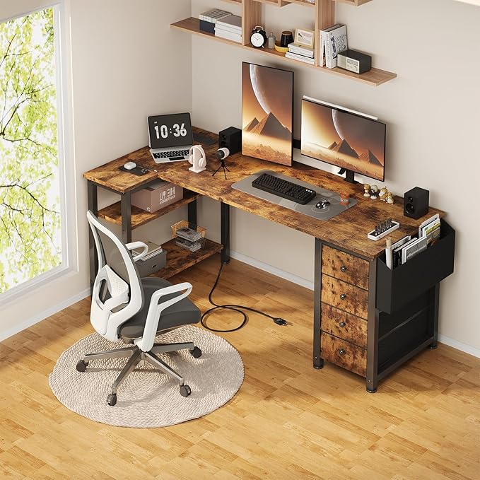 Lufeiya L Shaped Computer Desk with Drawers & Storage Shelves, 55 Inch Corner Desk with Power Outlet for Home Office Bedroom, L-Shaped Teen PC Gaming Desks with Fabric Drawer, Rustic Brown