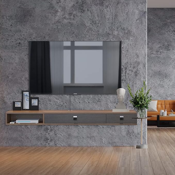Pmnianhua Floating TV Shelf,70'' Wall Mounted Floating TV Stand Unit Media Console Wall TV Console Cabinet Media Entertainment Shelf with 2 Doors for TVs up to 75'' (Walnut)