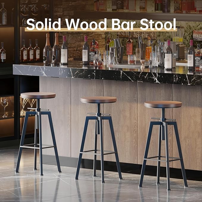 Vintage Adjustable Bar Stools Set of 2, Height Ranges from 24.8 to 30.8 inch, Natural Wood Seat and Heavy Metal Frame Rustic Industrial Swivel Bar Stools